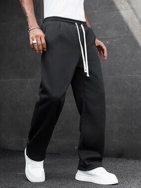 Black Sporty Men's Drawstring Waist Sweatpants
